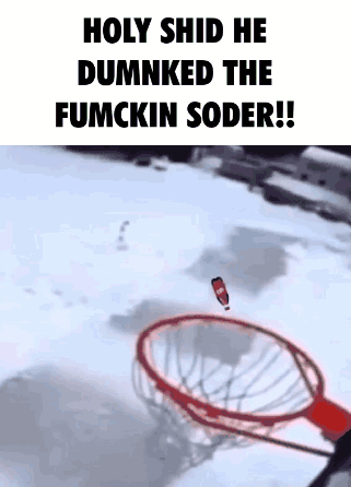 A Basketball Hoop Is In The Snow And A Bottle Of Soda Is Flying Through It . GIF