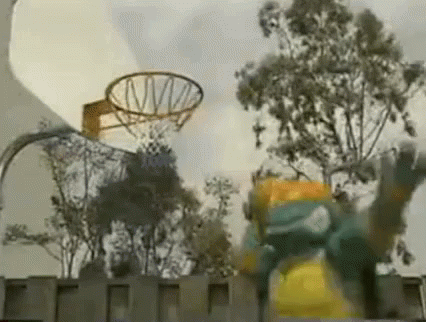 A Basketball Hoop Is Surrounded By Trees And A Person Is Jumping In The Air . GIF