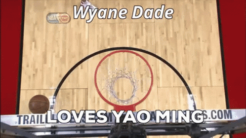A Basketball Is Going Through A Hoop With The Words Wyane Dade Trail Loves Yao Ming.com Below It GIF