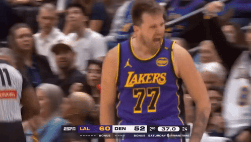 A Basketball Player For The Lakers Is Standing In Front Of A Crowd GIF