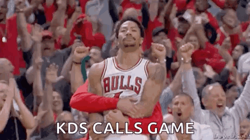 A Basketball Player In A Bulls Jersey Is Standing In Front Of A Crowd With His Fist In The Air . GIF