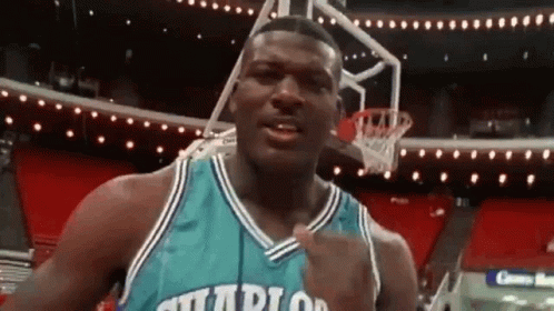 A Basketball Player In A Charlotte Hornets Jersey Is Standing In Front Of A Basketball Hoop . GIF