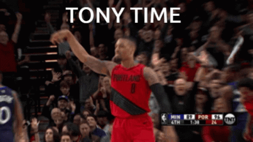 A Basketball Player In A Portland Jersey Celebrates A Win GIF