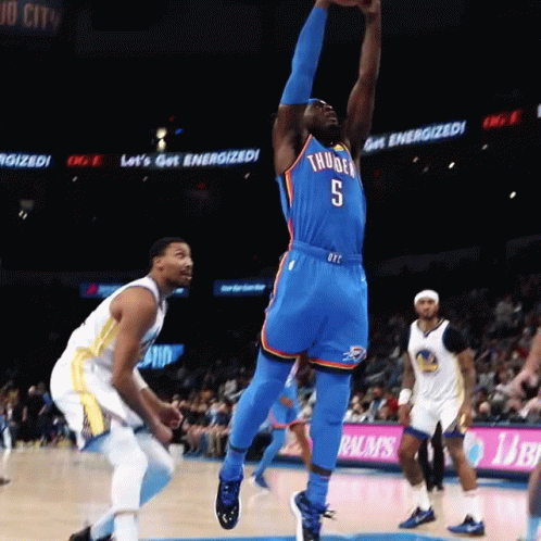 A Basketball Player In A Thunder Jersey Jumps In The Air GIF