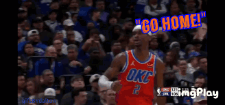 A Basketball Player In An Oklahoma City Thunder Jersey Stands In Front Of A Crowd GIF
