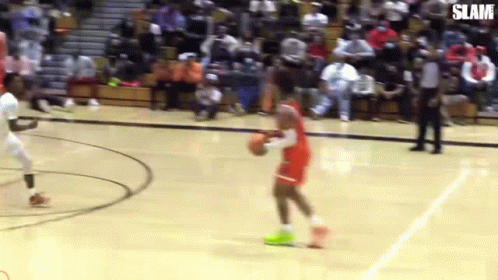 A Basketball Player Is Dribbling A Basketball On A Court While Another Player Tries To Stop Him . GIF