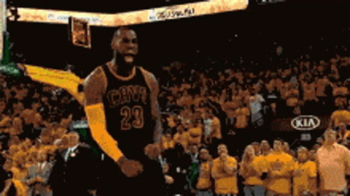 A Basketball Player Is Jumping In The Air In Front Of A Crowd While Wearing A Number 23 Jersey . GIF