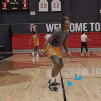 A Basketball Player Is Jumping In The Air In Front Of A Welcome To Sign GIF