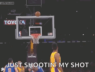A Basketball Player Is Jumping In The Air With His Arms Outstretched And The Words `` Just Shootin ' My Shot '' Written GIF