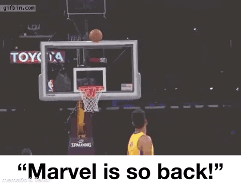 A Basketball Player Is Jumping In The Air With His Arms Outstretched And The Words `` Marvel Is So Back '' . GIF