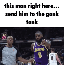 A Basketball Player Is Shaking Hands With A Referee During A Game . GIF