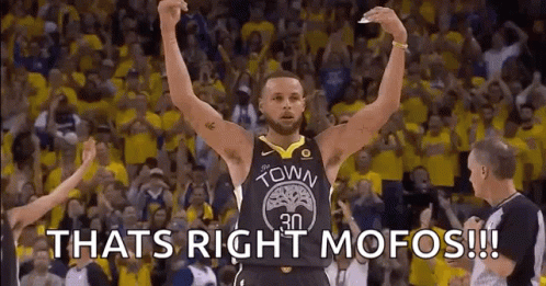 A Basketball Player Is Standing In Front Of A Crowd With His Arms In The Air And The Words `` Thats Right Mofos '' . GIF