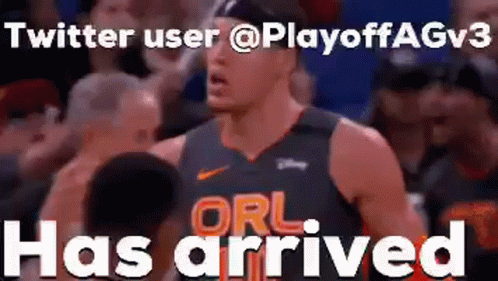 A Basketball Player Is Standing In Front Of A Crowd With The Words Twitter User @Playoffagv3 Has Arrived . GIF