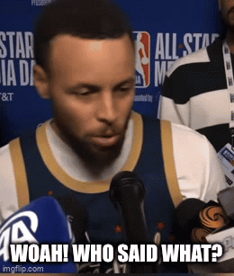 A Basketball Player Talking Into A Microphone With The Words Woah Who Said What Written Below Him GIF