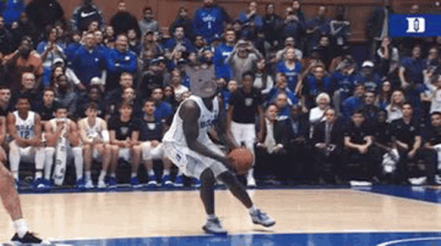 A Basketball Player Wearing A Cat Mask Is Dribbling The Ball On A Court . GIF