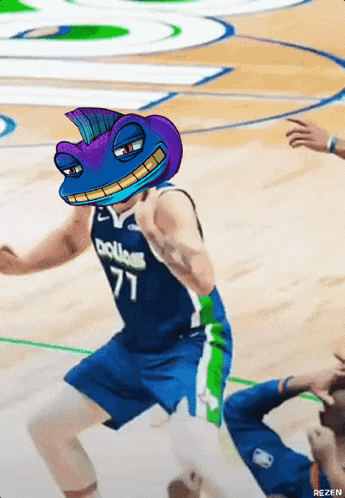 A Basketball Player Wearing A Dallas Jersey With A Cartoon Character On His Head GIF