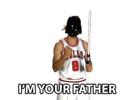a basketball player wearing a darth vader mask and holding a lightsaber says i 'm your father