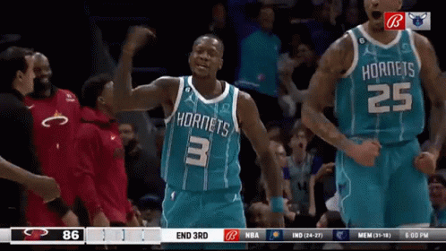 A Basketball Player Wearing A Hornets Jersey Celebrates During A Game GIF