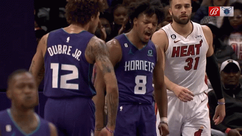 A Basketball Player Wearing A Hornets Jersey Stands Next To A Player Wearing A Heat Jersey GIF