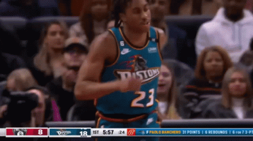 A Basketball Player Wearing A Jersey That Says Detroit On It GIF