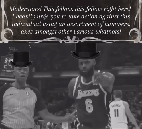 A Basketball Player Wearing A Lakers Jersey Is Standing Next To A Referee Wearing A Top Hat GIF