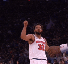 A Basketball Player Wearing A New York Jersey Number 32 GIF