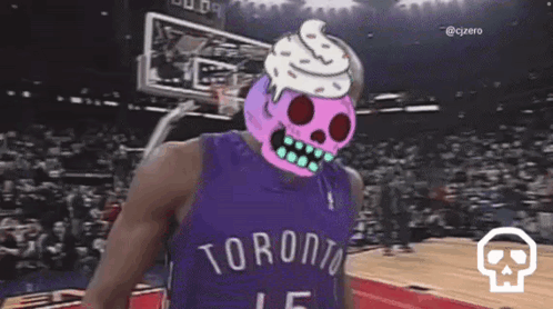 A Basketball Player Wearing A Purple Jersey With A Skull Mask On His Head Is Standing On A Basketball Court . GIF