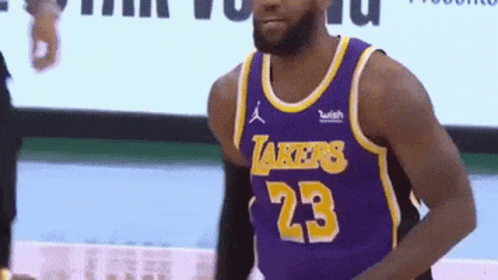 A Basketball Player Wearing A Purple Lakers Jersey Number 23 GIF