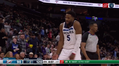 a basketball player wearing a wolves jersey stands in front of a crowd
