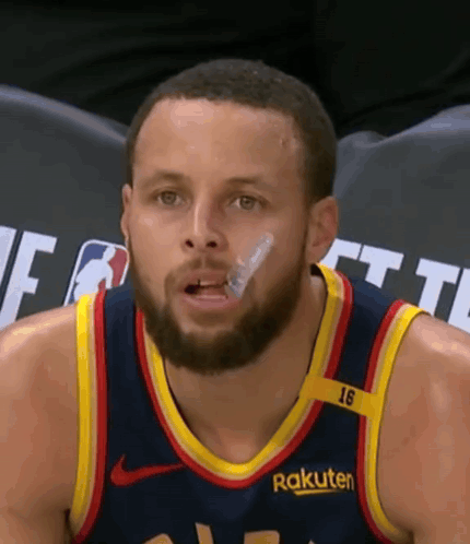 A Basketball Player With A Bandage On His Face Is Wearing A Rakuten Jersey GIF
