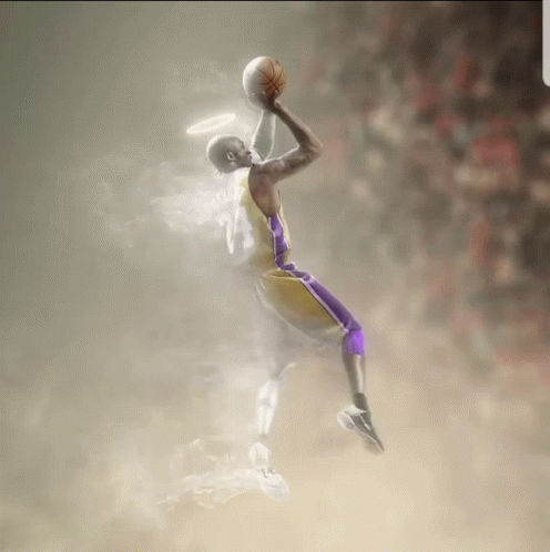 a basketball player with a halo on his head is jumping in the air while holding a basketball