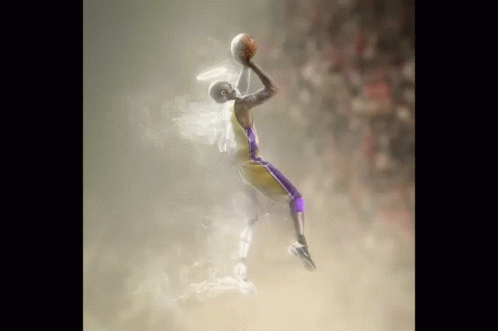 a basketball player with a halo on his head is jumping in the air with a ball