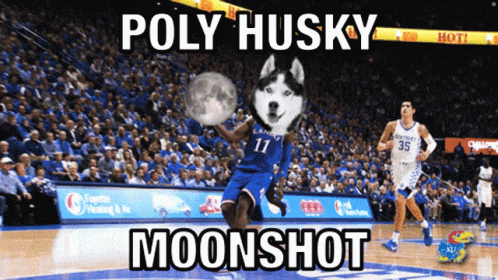 A Basketball Player With A Husky Face On His Jersey Holds The Moon GIF
