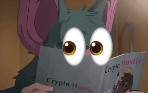 A Bat With Big Eyes Is Reading A Book Called Crypto Hustle GIF