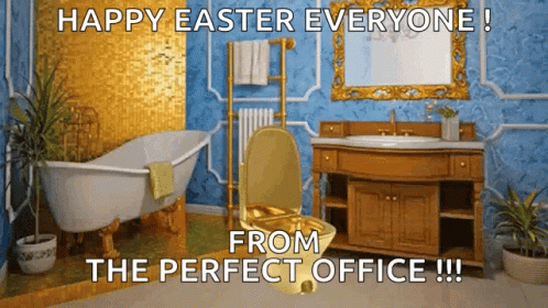A Bathroom With A Gold Toilet And A Bathtub And Says Happy Easter Everyone From The Perfect Office !!! GIF