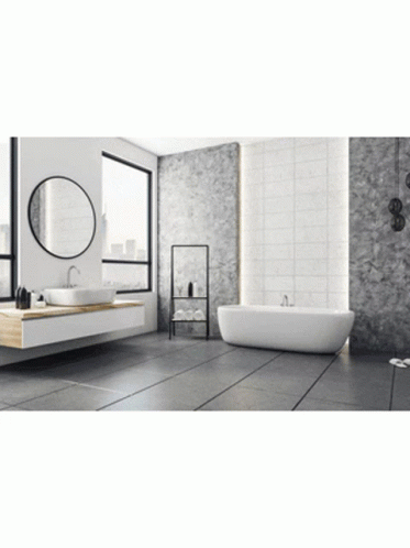 A Bathroom With Two Sinks And A Tub GIF