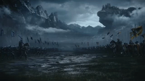 A Battle Scene With A Castle In The Distance GIF