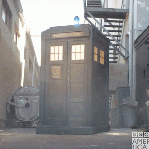 A Bbc America Ad With A Police Box In The Background GIF