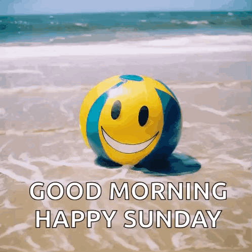 A Beach Ball With A Smiley Face On It Is On The Beach And Says `` Good Morning Happy Sunday '' . GIF