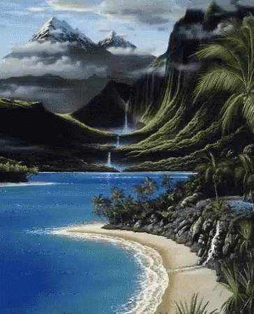 A Beach With Mountains In The Background And A Waterfall In The Middle GIF