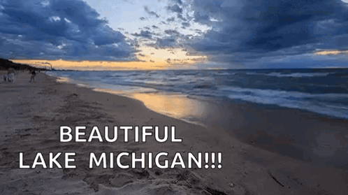 a beach with the words beautiful lake michigan written above it