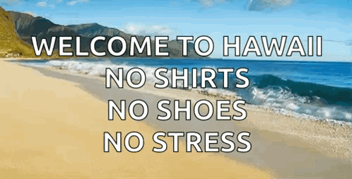 A Beach With The Words Welcome To Hawaii No Shirts No Shoes No Stress On It GIF