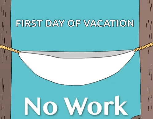 A Bear Is Laying In A Hammock With The Words First Day Of Vacation No Work GIF