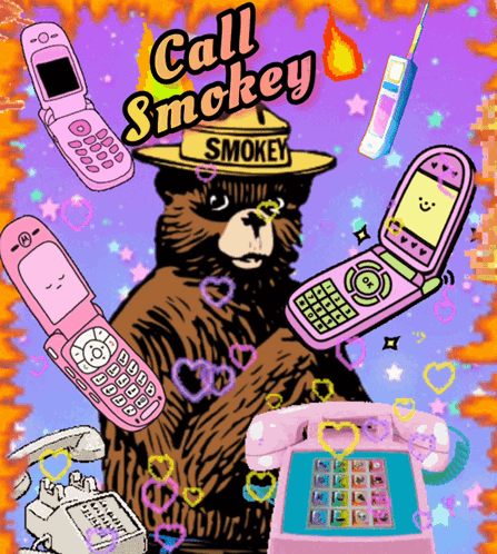 A Bear With A Hat That Says Smokey Is Surrounded By Pink Flip Phones GIF