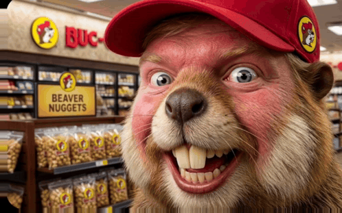 A Beaver Wearing A Red Hat Is Standing In Front Of A Store Selling Beaver Nuggets GIF
