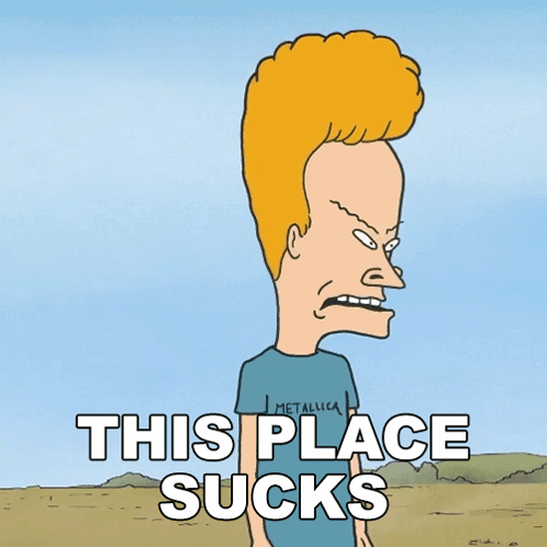 A Beavis And Butthead Cartoon With The Words This Place Sucks GIF