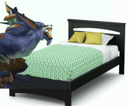 A Bed With A Green Blanket And Yellow Pillows And A Monster On It GIF