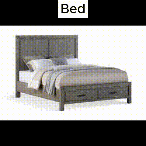 A Bed With Drawers Underneath It And A Gray Headboard On A White Background . GIF