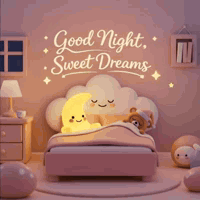 A Bedroom With A Bed , A Teddy Bear , A Crescent Moon And A Cloud . GIF