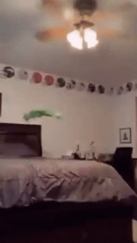A Bedroom With A Ceiling Fan And A Bed . GIF